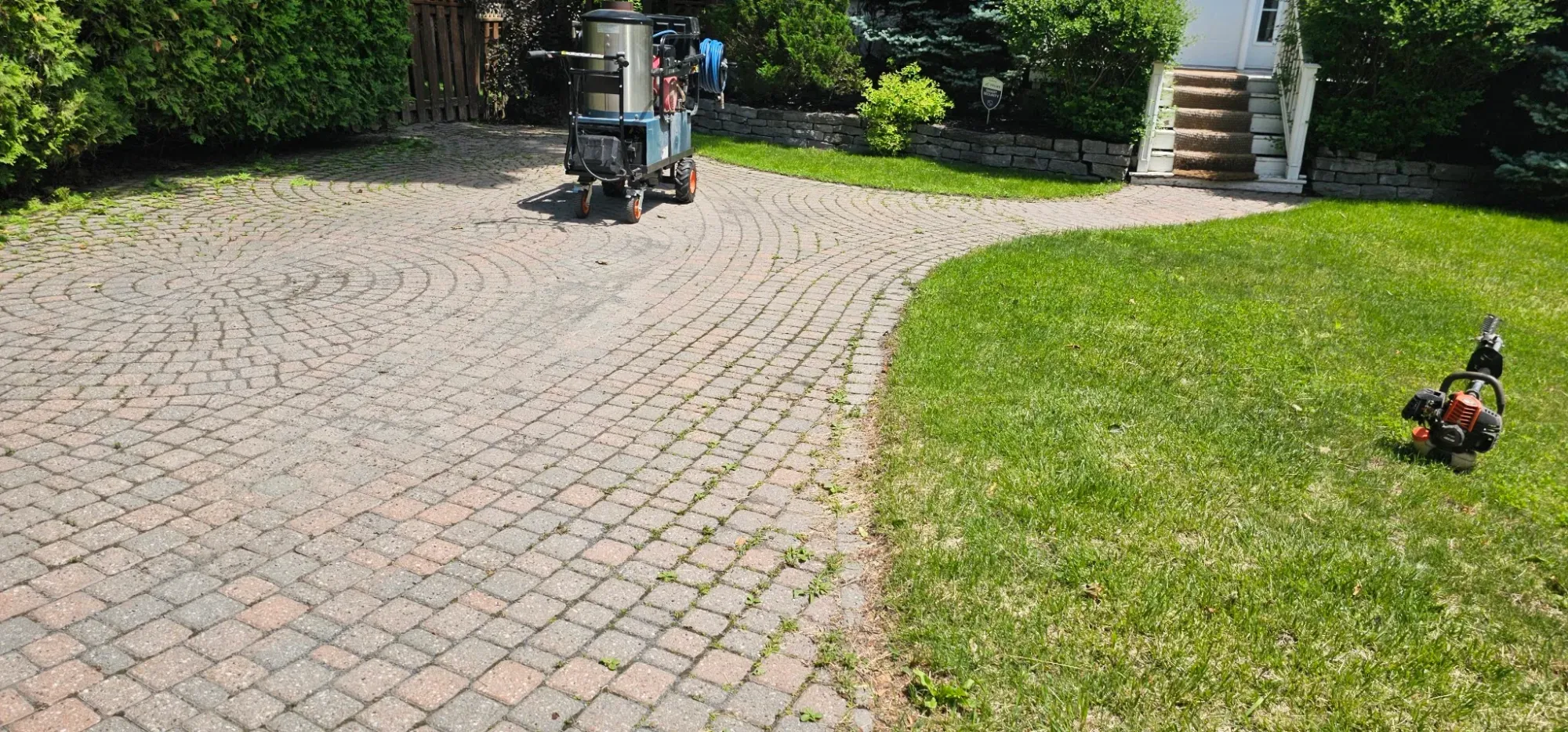 Circle-fan interlock driveway with weeds through the joints, steam unit parked on the surface